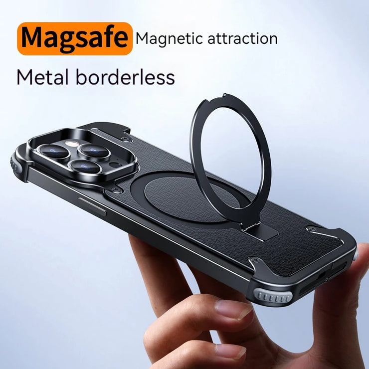 New Leather Magnetic Bracket Phone Cases For iPhone 13 14 15 Pro Max Metal Frameless airbag Fall Shockproof Protection case