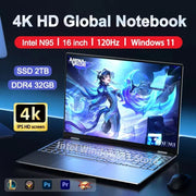 NEW 16'' Laptop Intel N95 4K HD 120HZ Display 32GB+2TB Windows 11 Pro Office Gaming Notebook Computer Fingerprint Unlock PC