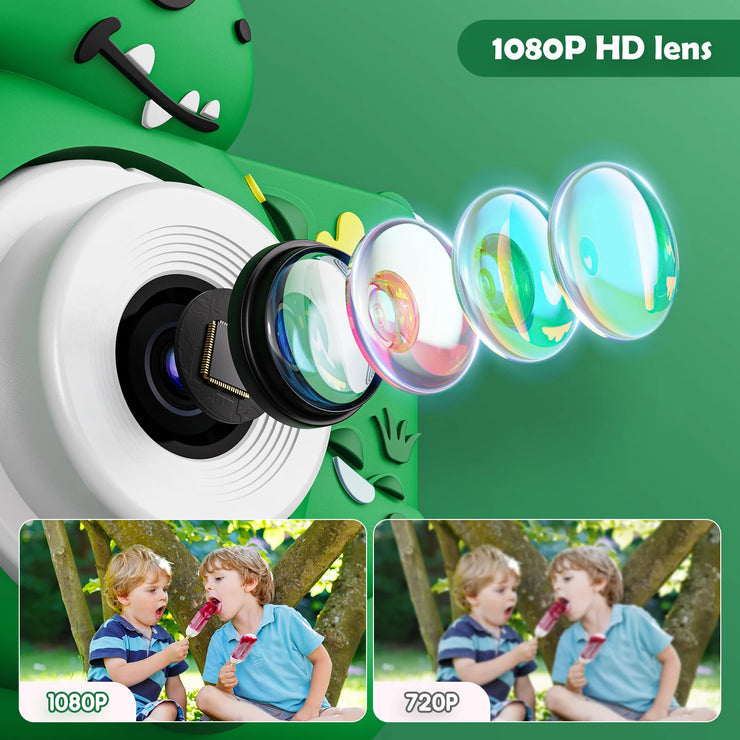 Kids Digital Camera with 32G Card Toy Girl Boy 1080p Hd Screen Outdoor Cartoon Dinosaur Camera Photography Video Birthday Gifts