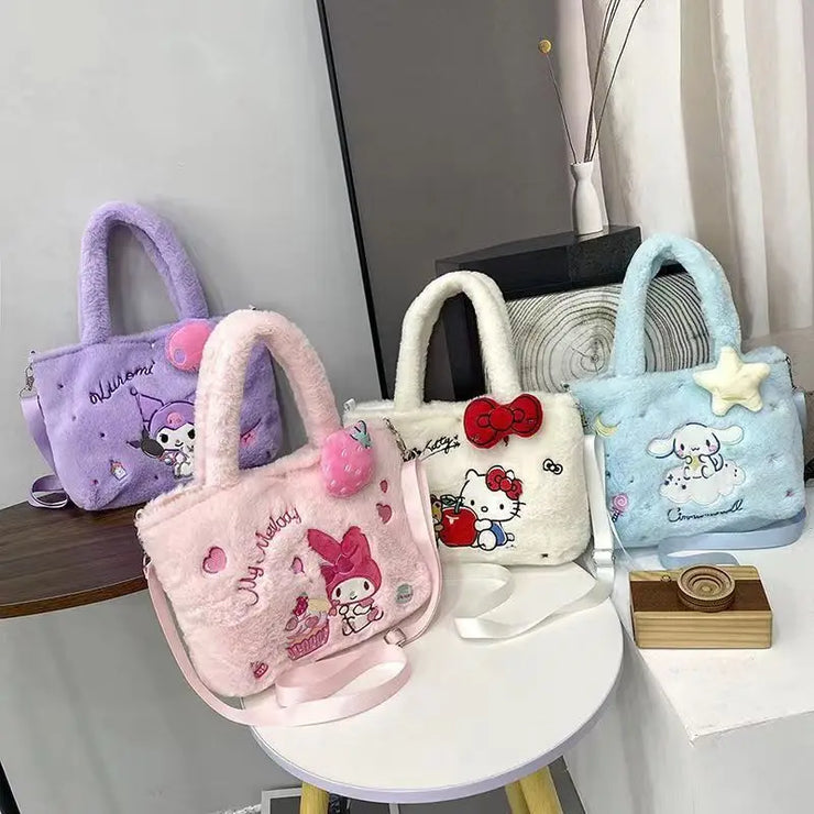 Kawaii Cartoon Plush Hello Kitty Crossbody Bag Cinnamoroll Kuromi My Melody Shoulder Bag Handbag Girl Makeup Bag Gift