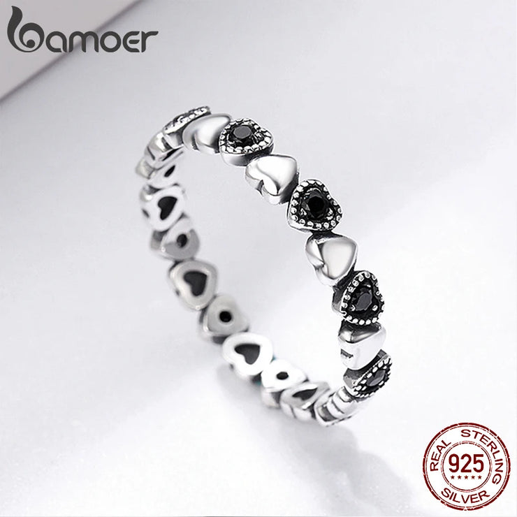 BAMOER Genuine 925 Sterling Silver Stackable Ring Heart Black CZ Finger Rings for Women Wedding Anniversary Jewelry Anel SCR140