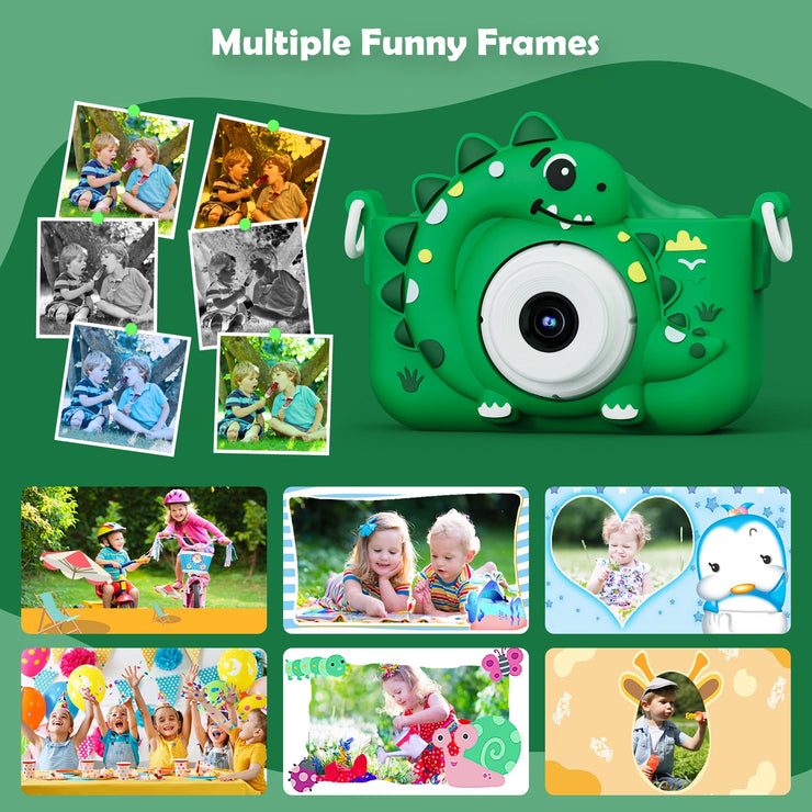 Kids Digital Camera with 32G Card Toy Girl Boy 1080p Hd Screen Outdoor Cartoon Dinosaur Camera Photography Video Birthday Gifts