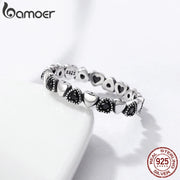 BAMOER Genuine 925 Sterling Silver Stackable Ring Heart Black CZ Finger Rings for Women Wedding Anniversary Jewelry Anel SCR140