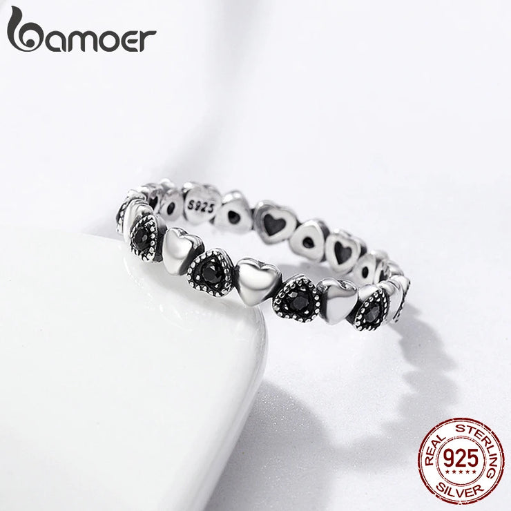 BAMOER Genuine 925 Sterling Silver Stackable Ring Heart Black CZ Finger Rings for Women Wedding Anniversary Jewelry Anel SCR140