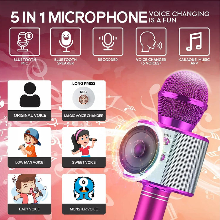 Wireless Bluetooth Karaoke Microphone ,5-in-1 Handheld Mic Speaker  Music Player Recorder for Karaoke Party Wedding Meeting