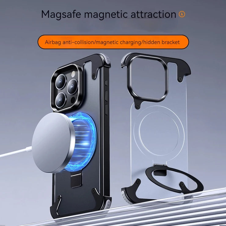 New Leather Magnetic Bracket Phone Cases For iPhone 13 14 15 Pro Max Metal Frameless airbag Fall Shockproof Protection case